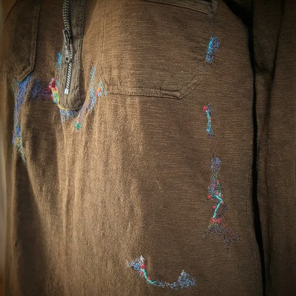 Converse One Star Brown Pullover Upycled with Multicolor Embroidery Size M - Picture 9 of 11